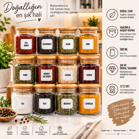 12'li Ahşap Vakum Kapaklı 500 Ml Baharat Saklama Kavanozu Seti Etiket Hediyeli
