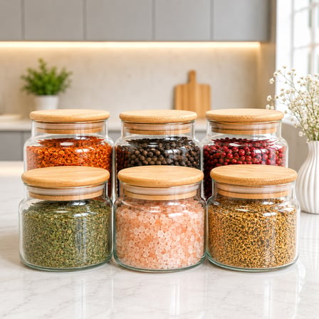 12'li Ahşap Vakum Kapaklı 500 Ml Baharat Saklama Kavanozu Seti Etiket Hediyeli