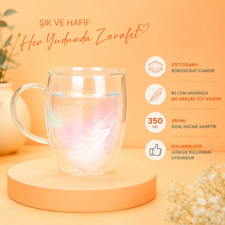 Gerçek Tüy Tasarımlı Cidarlı Şık Kupa Bardak 350 Ml Hediyelik