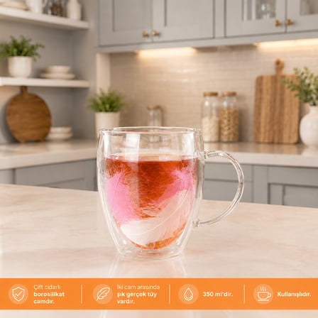 Gerçek Tüy Tasarımlı Cidarlı Şık Kupa Bardak 350 Ml Hediyelik