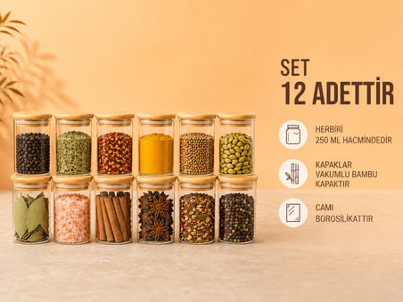 12'li Bambu Vakum Kapaklı Borosilikat Cam Baharat Seti 270 Ml