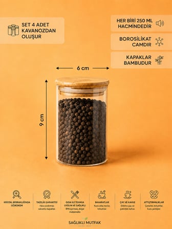 12'li Bambu Vakum Kapaklı Borosilikat Cam Baharat Seti 270 Ml