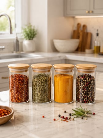 12'li Bambu Vakum Kapaklı Borosilikat Cam Baharat Seti 270 Ml