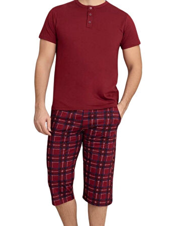 Erkek Bisiklet Yaka 3 Düğmeli Ekose Desen Modal Kısa Kol Cepli Kapri Pijama Takımı