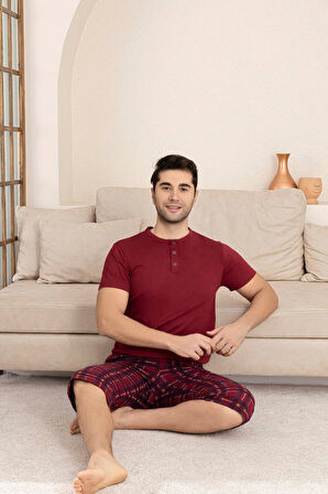 Erkek Bisiklet Yaka 3 Düğmeli Ekose Desen Modal Kısa Kol Cepli Kapri Pijama Takımı