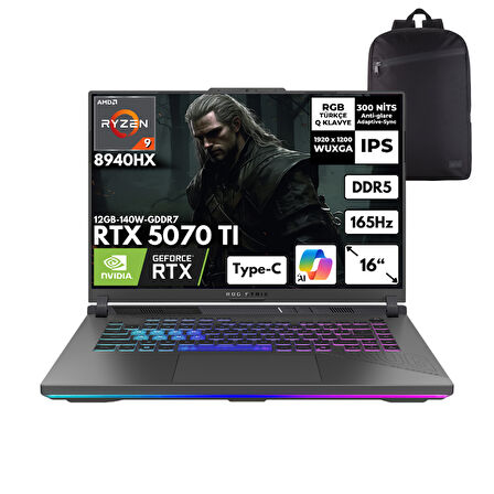 Asus ROG Strix G16 Ryzen 9-8940HX 40-GBDDR5 4 TBSSD RTX5070TI (12GB-140W-GDDR7) 16" WUXGA 165Hz Windows 10 Pro + HMF Sırt Çantası G614PR-RV051HMF48