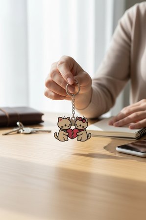 Kalp Tutan Kedi Figürlü Çift Anahtarlık