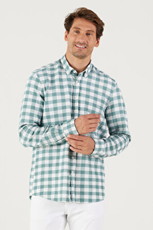 Erkek Beyaz-yeşil Slim Fit Dar Kesim Düğmeli Yaka Kareli Gömlek