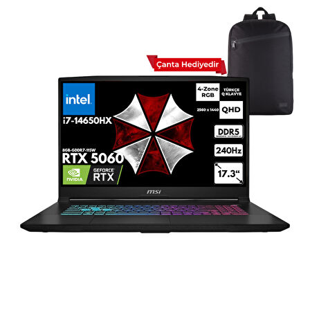 MSI KATANA 17 HX i7-14650HX 16-GBDDR5 1 TBSSD RTX5060 (8GB-GDDR7-115W) 17.3" QHD 240Hz Windows 10 Home + Sırt Çantası B14WFK-215XTRHMF61