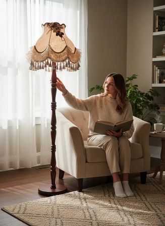 Vizon Kumaş Kaplama Çiçek Dekorlu Başlık Ahşap Doğal Ayaklı Lambader 170x40cm