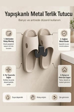 TİNEKE Metal Yapışkanlı Terlik Askısı WC Kapısı Banyo Kapı Arkası Ayakkabı Tutucu Rafı 8,5 cm
