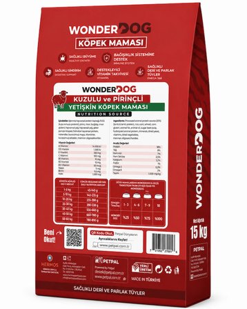 WonderDog Kuzu Etli ve Pirinçli Yetişkin Köpek Maması 15 kg
