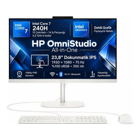 HP Omnistudio 24-CU0015NT Intel Core 7 240H 32GB 2TB SSD 23.8 Inç IPS FHD Dokunmatik Beyaz All In One Pc Snertech D62KSEA S7