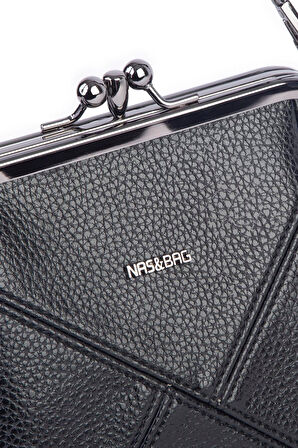 Nas Bag Mini Vintage Burslu Klipsli Kadın Omuz ve Çapraz Çanta Siyah Lopez ( 20x17 cm)