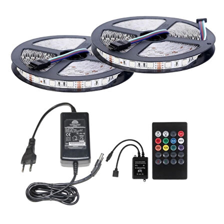 12V 10 Metre Silikonsuz RGB Şerit Led Sese ve Müziğe Duyarlı IR Kumanda 5A Adaptörlü IP20 Set