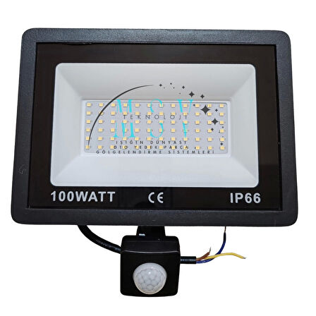 220 Volt 100 Watt Sensörlü Siyah Slim Kasa 6500K Beyaz Işık IP66 SMD Led Projektör