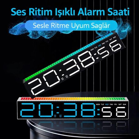 TechTic Geniş Ekran Dijital Masa Saati – Ses Ritim Sensörlü RGB Işık | Tarih & Alarm Özellikli Modern LED Saat