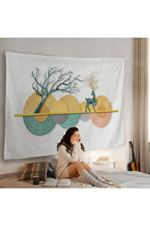 Modern Geometrik Dairelerden ve Geyikler Duvar Örtüsü-7224