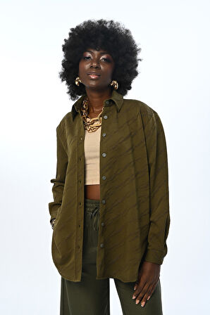 Kadın Haki Simli Desenli Oversize Kesim Gömlek