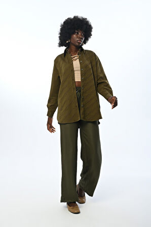 Kadın Haki Simli Desenli Oversize Kesim Gömlek