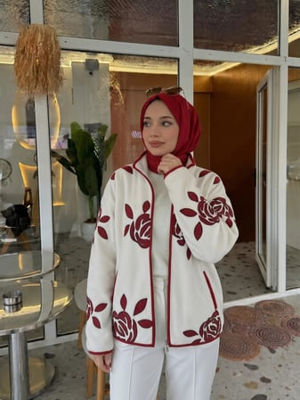 Gül Desenli Polar Hırka / Fermuarlı Ceket Kırmızı