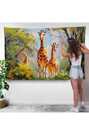 Ormandaki Ağaçların Altında Dinlenen Zürafa Aile Duvar Örtüsü-7228