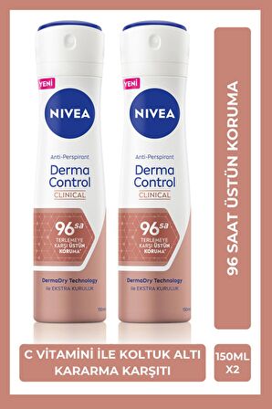 Nivea Kadın Sprey Deodorant Derma Control Clinical 150ml, 96 Saat Üstün Ter Koruması, C Vitamini, X2 Adet