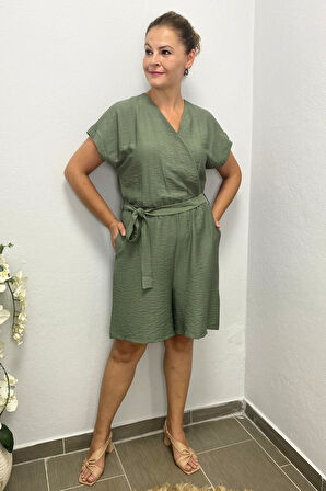 Büyük Beden Haki Şort Tulum