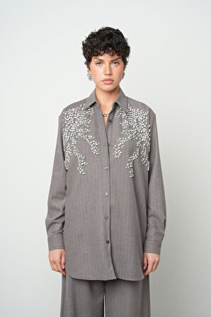 Kadın Önü Taş İşlemeli Çizgili Oversize Gömlek