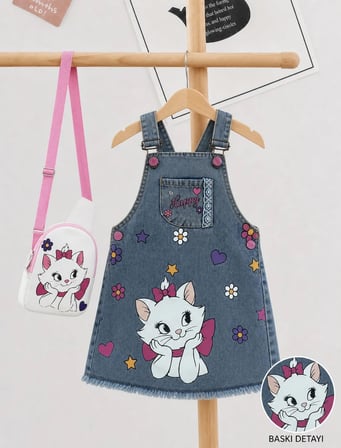 Kız Çocuk Kedi Baskılı Kot Jile Elbise Çantalı Denim Askılı Günlük Elbise 3-8Yaş