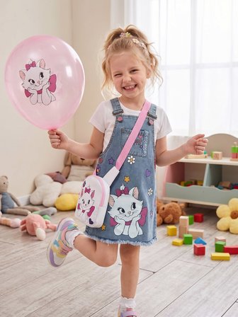 Kız Çocuk Kedi Baskılı Kot Jile Elbise Çantalı Denim Askılı Günlük Elbise 3-8Yaş