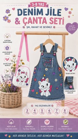 Kız Çocuk Kedi Baskılı Kot Jile Elbise Çantalı Denim Askılı Günlük Elbise 3-8Yaş