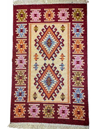 Makine Dokuma Uşak Kilimi, Püsküllü, Çift taraflı