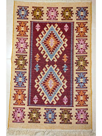 Makine Dokuma Uşak Kilimi, Püsküllü, Çift taraflı