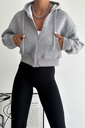 Kadın Gri Fermuarlı Oversize Hoodie – Günlük & Sokak Stili