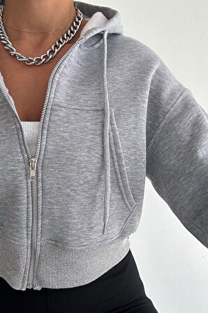 Kadın Gri Fermuarlı Oversize Hoodie – Günlük & Sokak Stili