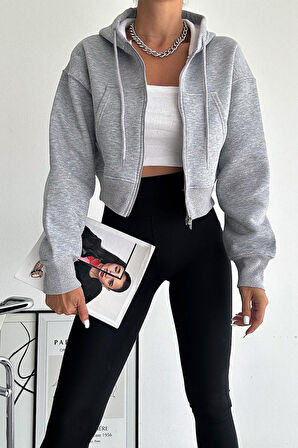 Kadın Gri Fermuarlı Oversize Hoodie – Günlük & Sokak Stili