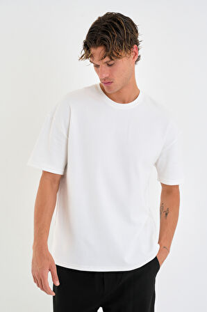 Blank Unisex Oversize Geniş Kesim Tişört %100 Pamuk Kalın Dokulu Bisiklet Yaka T-shirt