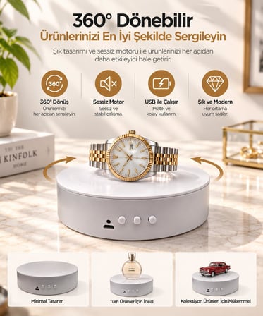 15 cm 360° Döner Ürün Çekim Standı – 2 Hız Ayarlı, USB & Pil Çalışan Beyaz Sunum Platformu