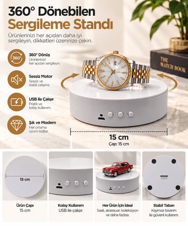 15 cm 360° Döner Ürün Çekim Standı – 2 Hız Ayarlı, USB & Pil Çalışan Beyaz Sunum Platformu