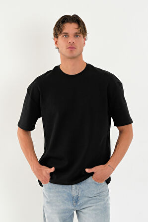 Blank Unisex Oversize Geniş Kesim Tişört %100 Pamuk Kalın Dokulu Bisiklet Yaka T-shirt