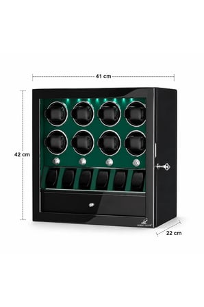 Watch Winder Ascot Collection – 8 Slotlu Ultra Sessiz Otomatik Saat Kurma Kabini (+6 Muhafaza Alanlı, Çekmeceli, Siyah & Yeşil)