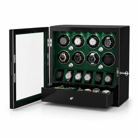Watch Winder Ascot Collection – 8 Slotlu Ultra Sessiz Otomatik Saat Kurma Kabini (+6 Muhafaza Alanlı, Çekmeceli, Siyah & Yeşil)