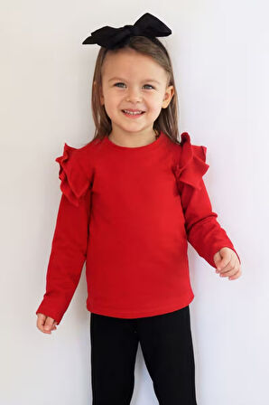 Kız Bebek Kırmızı Omuz Fırfırlı Bisiklet Yaka Body Sweatshirt
