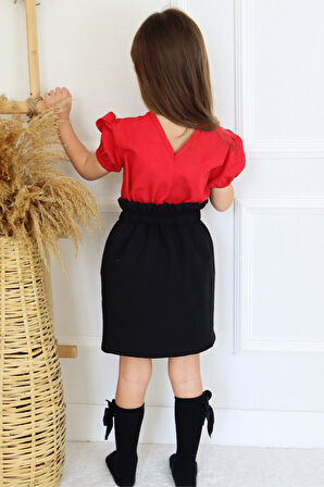 Kız Çocuk Rosalie Siyah Kırmızı Takım Fularlı 23 Nisan 29 Ekim Gösteri Kıyafeti