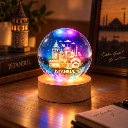 Ahşap Tabanlı LED Işıklı Cam Küre – Dekoratif Gece Lambası | RGB & Gün Işığı
