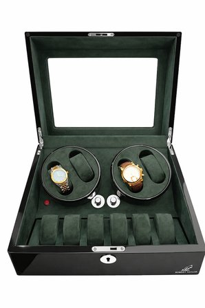 Watch Winder Brooklands Collection 4 Slotlu Ultra Sessiz Otomatik Saat Kurma Kutusu (+6 Muhafaza Alanlı, Piano Siyah & Alcantara Yeşil)