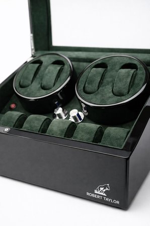 Watch Winder Brooklands Collection 4 Slotlu Ultra Sessiz Otomatik Saat Kurma Kutusu (+6 Muhafaza Alanlı, Piano Siyah & Alcantara Yeşil)