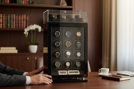 Robert Taylor Watch Winder Mayfair Collection – 12 Slotlu Ultra Sessiz Otomatik Saat Kurma Kabini (+8 Pleksi Muhafaza Alanlı, Siyah & Siyah)
