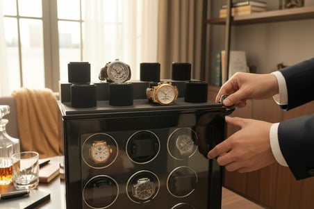 Robert Taylor Watch Winder Mayfair Collection – 12 Slotlu Ultra Sessiz Otomatik Saat Kurma Kabini (+8 Pleksi Muhafaza Alanlı, Siyah & Siyah)